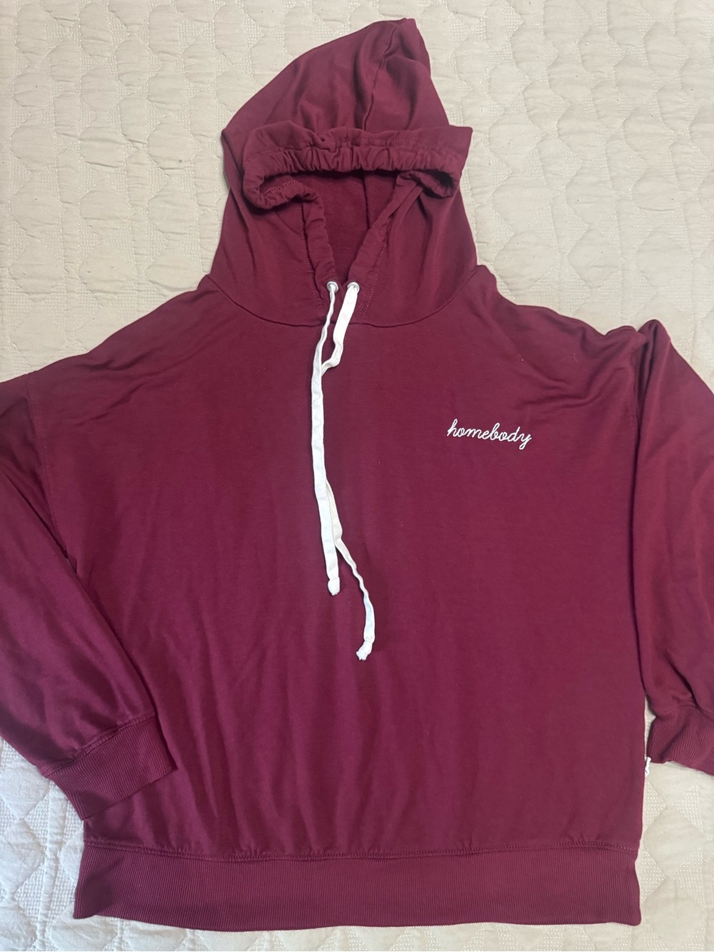 MAGNOLIA Maroon "homebody" Hoodie with White Drawstrings Medium